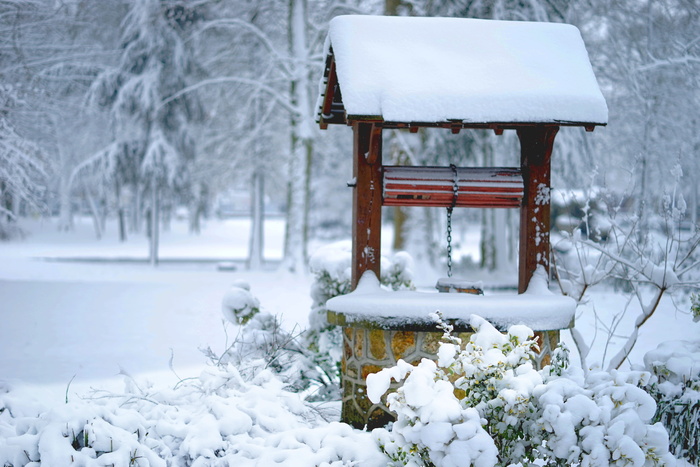 雪，冬天，霜冻，寒冷，冰冻，井，以前的井，滑轮