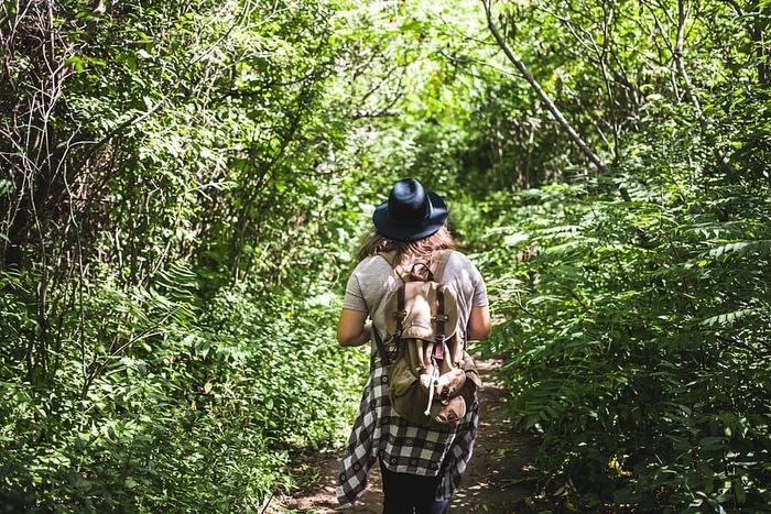 一位背着背包的女性徒步旅行者在森林中行走