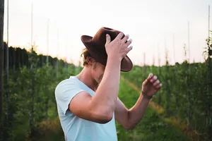 一个戴着棕色帽子的白人青年站在葡萄园里