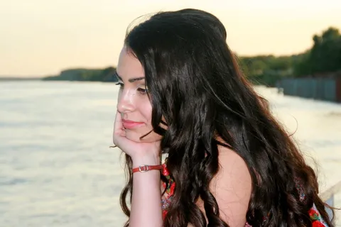 女孩，水，关于，忧郁，微笑，美丽，肖像，头发