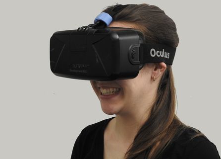 微笑，女人，戴着，黑色，oculus，虚拟，现实耳机，vr