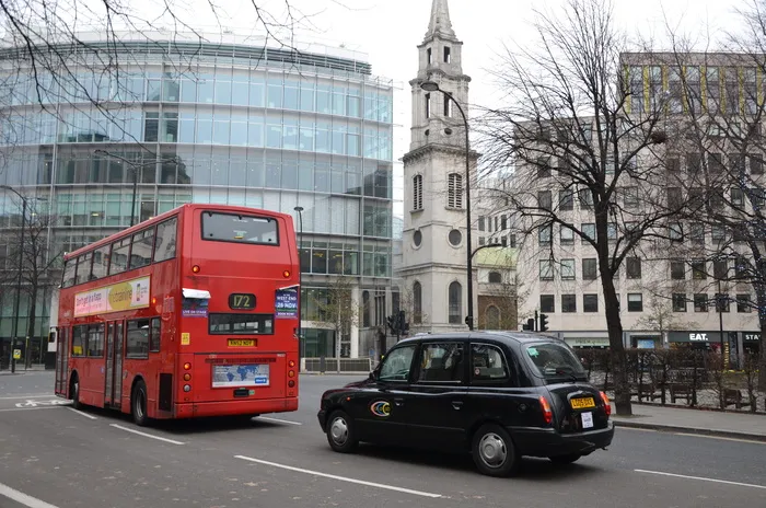 公共汽车，出租车，伦敦，红色，黑色，街道，英格兰，快照
