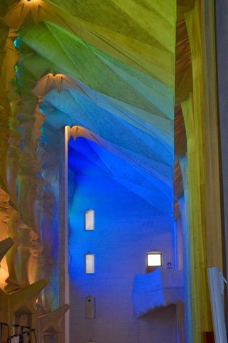 巴塞罗那, 圣家堂, 大教堂, 光, 色度, 蓝色, 室内, 照明