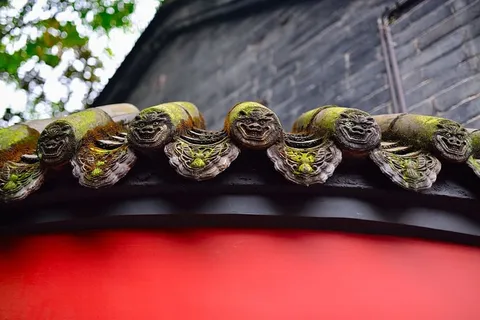 古屋顶，青苔，中国传统建筑，黑色墙壁