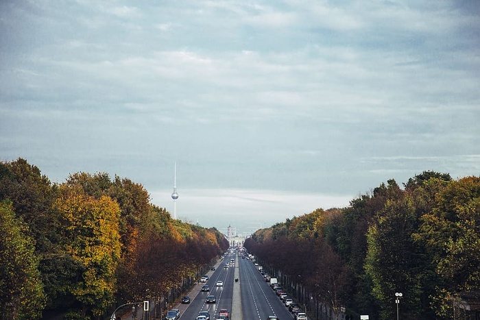 这座城市的背景是一条秋天的森林公路和云景