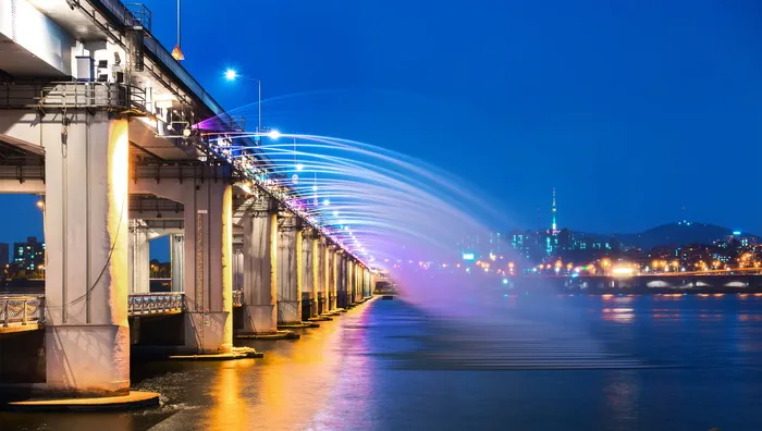 夜间过桥，韩国，首尔，汉江，夜景，塞比浮岛，夜景，郊游