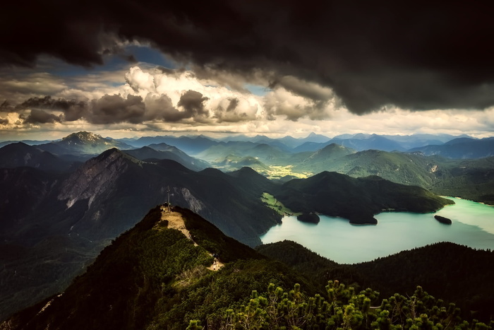 风景照片，身体，水，包围，山，山，天，云