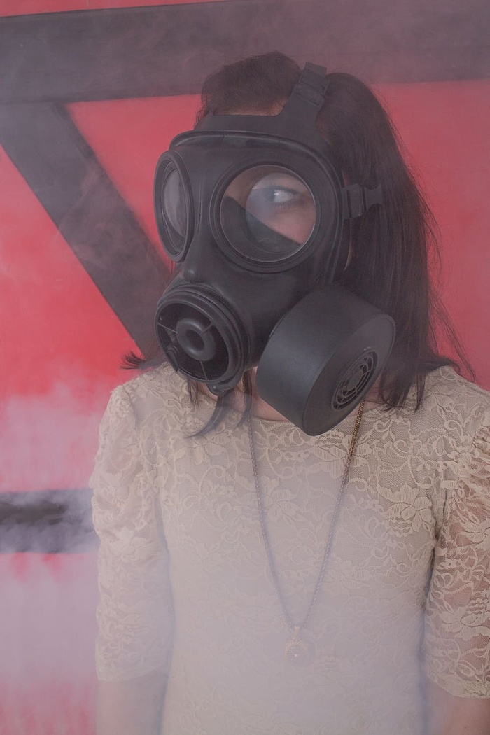 女人，戴着，防毒面具，女孩，衣服，烟，雾，abc攻击