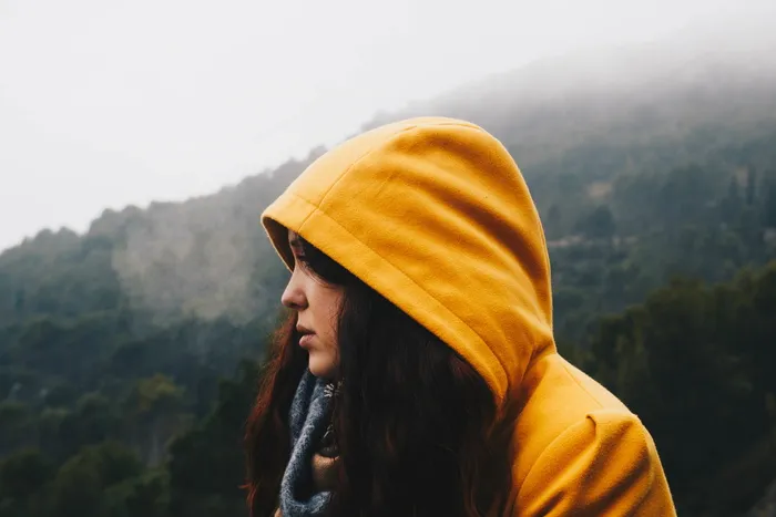 女士，穿着，橙色，连帽衫，人，寒冷，天气，旅行