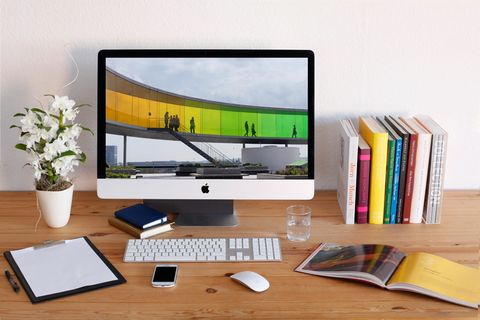 打开imac，旁边，书，桌子，工作场所，imac，桌面，创意