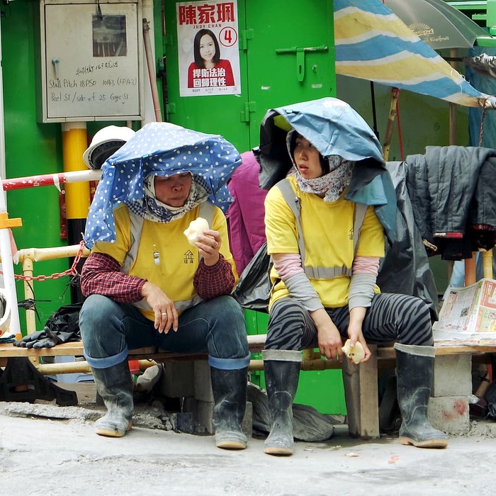 香港、香港岛、工人、建筑、妇女、休息、街道、午餐
