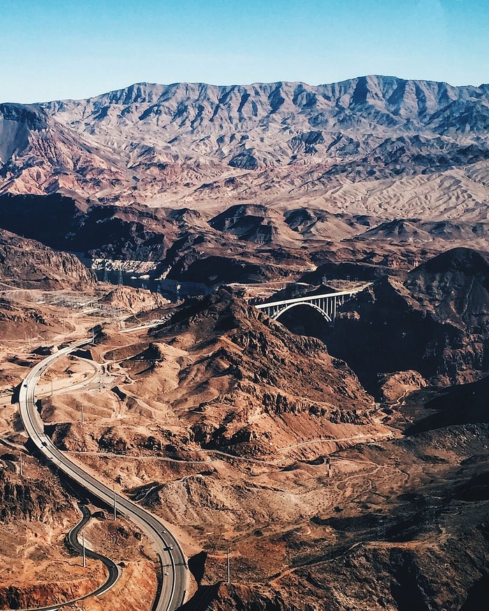 全景、照片、岩层、蜿蜒、道路、桥梁、沙子、岩石