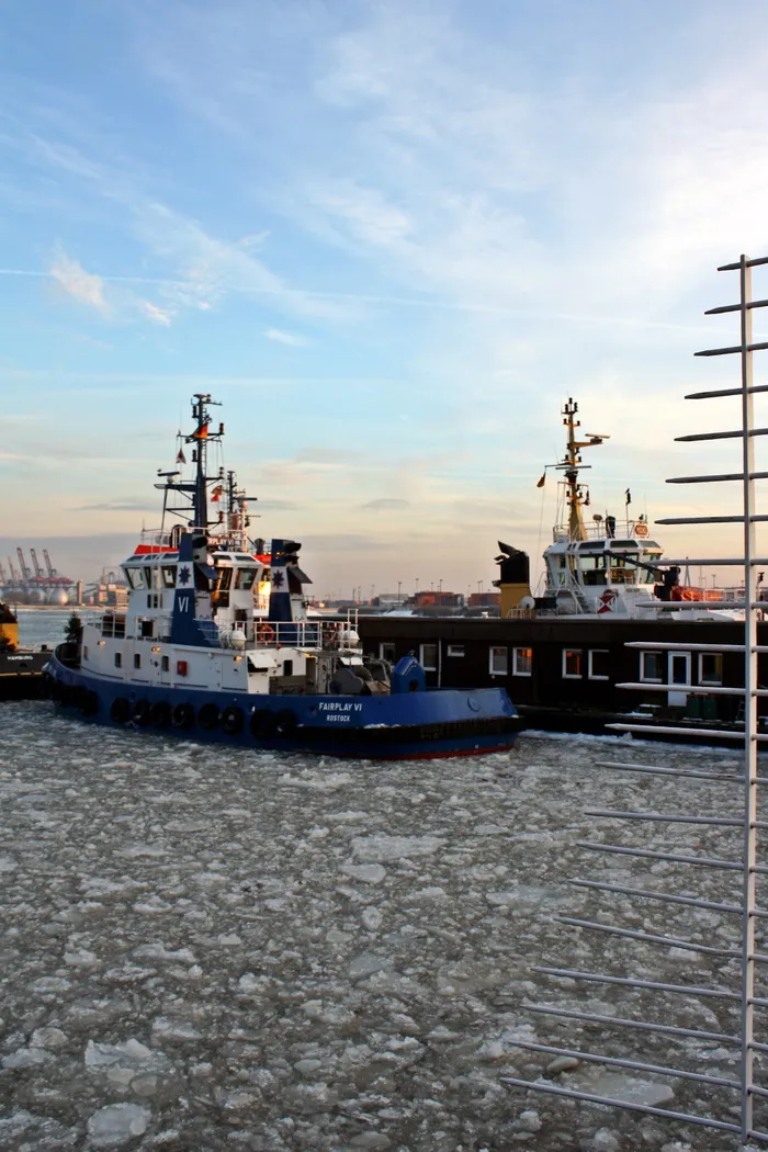 拖船、bugsier、海港邮轮、冬季、ice、港口、汉堡、心情