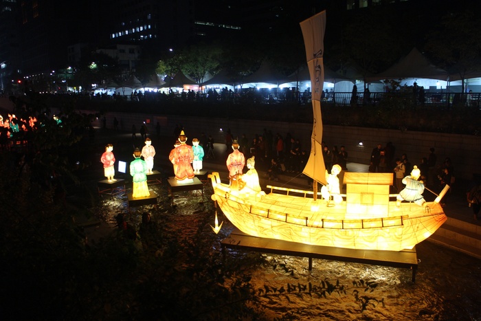 元宵节，韩国，首尔，清溪，人群，水，夜，灯火通明