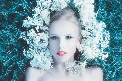 女人，躺着，地，花，头，带花的女孩，照片，头发