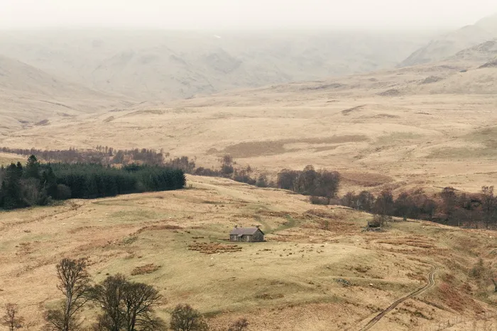 草地、丘陵、房屋、自然、树木、景观、环境、山脉