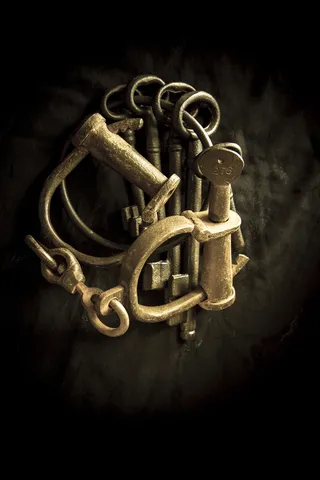 钥匙、手铐、深褐色、犯罪、逮捕、司法、旧的、古老的