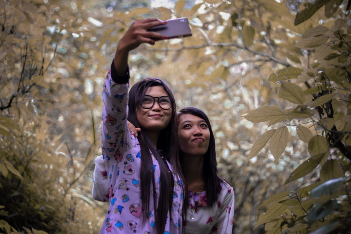 二，女人，拍照，拍照，户外，女孩，叶子，照片