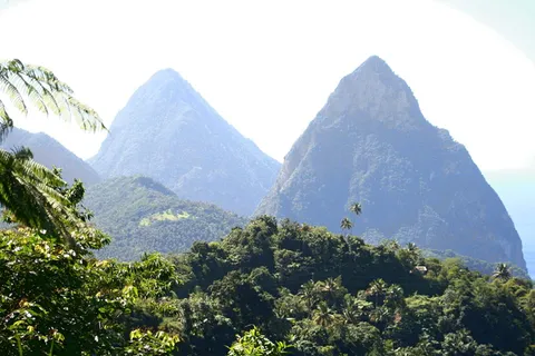 绿色, 山, 覆盖, 叶子, 树木, Pitons, Twin, 加勒比海 绿色, 山, 覆盖, 叶子, 树木, Pitons, Twin, 加勒比海