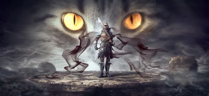 幻想，战士，神秘，眼睛，烟雾，忧郁，男人，猫