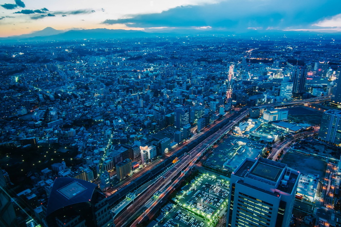 鸟瞰，视图，城市建筑，日落，横滨，日本，黄昏，城市