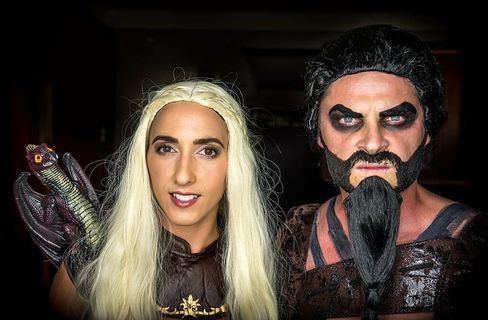 男，女cosplayer，万圣节，服装，派对，黑色，幽灵，把戏