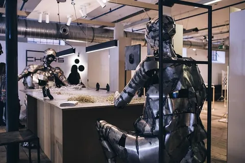 一张满是金属屑的桌子旁的金属人像 一张满是金属屑的桌子旁的金属人像