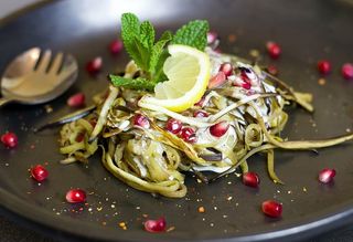 意大利面、莱姆片、罗勒、已放置、黑色、拼盘、素食者、melanzana