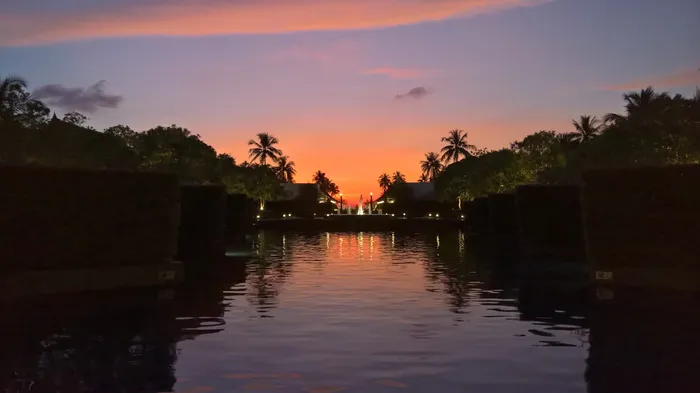 水池，日落，倒影，云，水，天空，树，海滨
