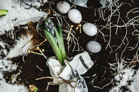 一位妇女在一张铺着鹌鹑蛋的报纸桌子上种苗