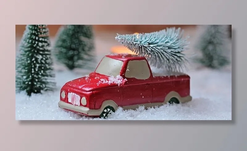 红色，皮卡，卡车，雪，圣诞树，圣诞节，圣诞主题，圣诞卡