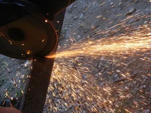 角度、切割、火焰、研磨机、热量、金属、火花、黄色