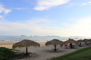 热带海滩上传统的茅草遮阳伞