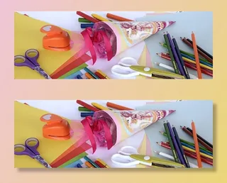 黄、蓝、黑、紫、红、棕色铅笔，靠近白色和绿色剪刀