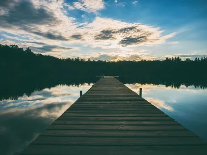 云，云，黎明，码头，森林，湖泊，风景，光