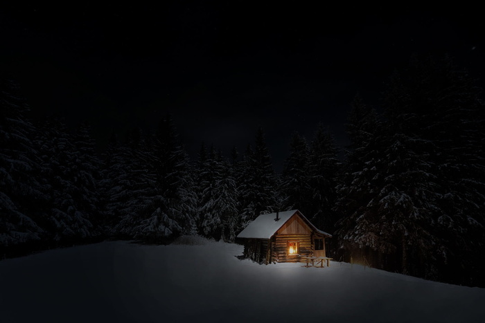房子，树图，小屋，冬天，雪，夜，冷，建筑