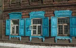 三, 蓝色, 木, 窗户, 西伯利亚, 伊尔库茨克, 木屋, 建筑