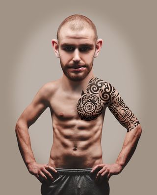 男人，穿着，灰色，底图，肌肉，肌肉，躯干，家伙