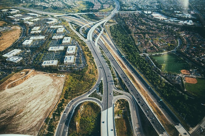 航空、建筑、建筑、城市、曲线、高速公路、快速、公路