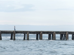 人，站立，海滩，白色，天空，白天，码头，海洋