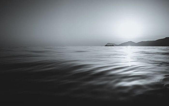 黑白，平静，海岸，岛屿，大海，日落，海浪，海水