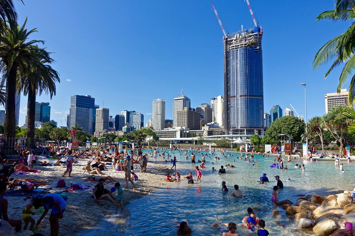 人，游泳，海滩，建筑，城市，南岸，游泳者，沙滩