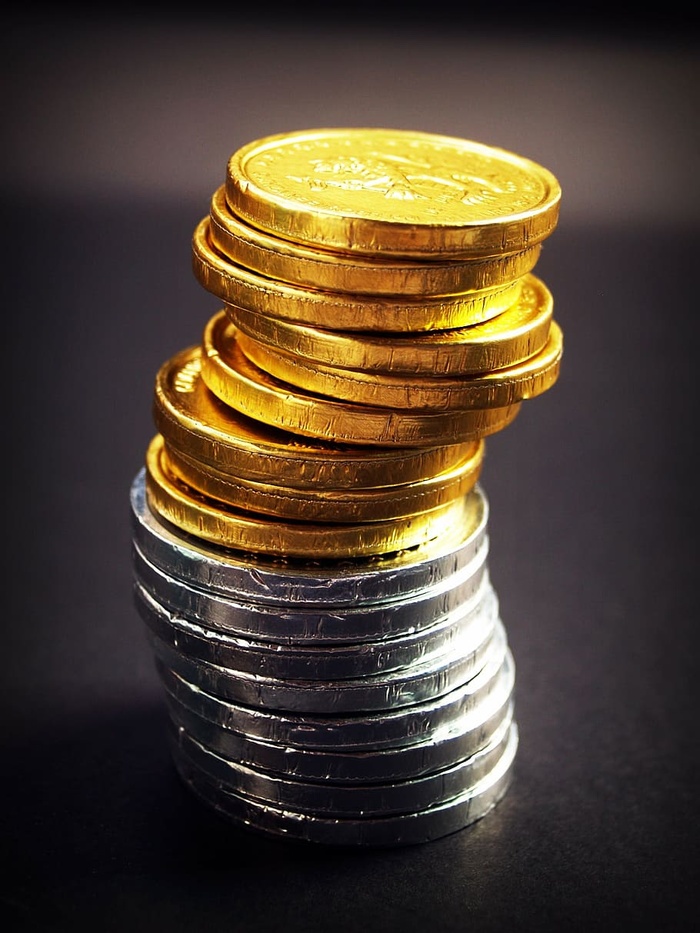堆，圆形金色，银色硬币，硬币，金，现金，孤立的，塔