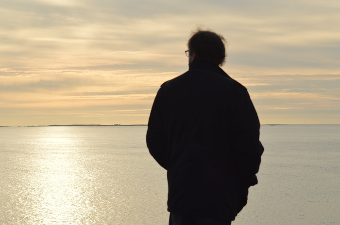 人，海，地平线，光，只有，侧面，傍晚，剪影