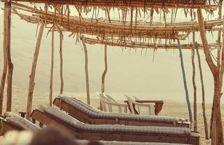 空的，塑料椅子，桌子，床，棕色的，木制的，休息室，chaisr