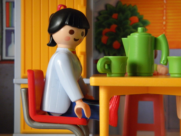 女, 坐, 椅子, 桌上塑料玩具, 玩具, playmobil, 儿童, 儿童