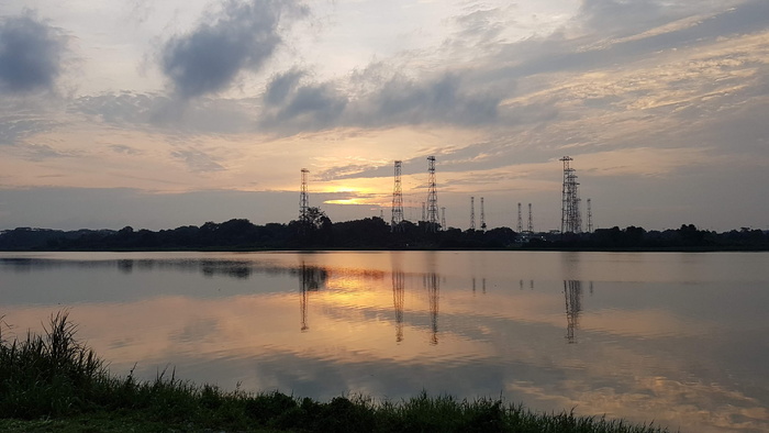 日落，新加坡，克兰吉，河流，桥塔，倒影，云天，天空
