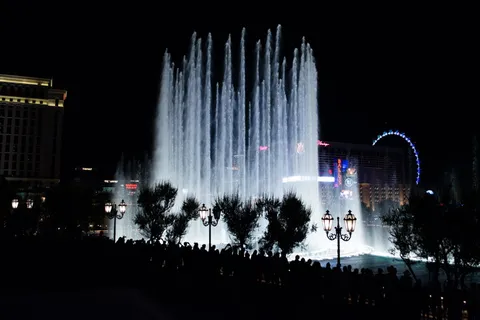 拉斯维加斯，美国，人民，游客，蓝色，喷泉，水井，水井