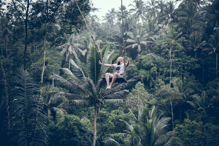 在高大的绿树旁荡秋千的男子