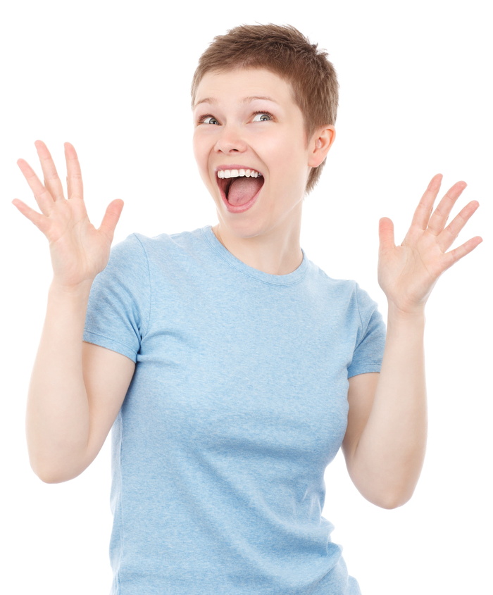 女士，穿着，蓝色，衬衫，白色，背景，灰色，圆领